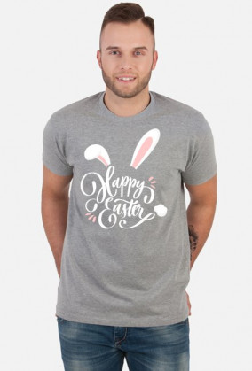 Happy Easter - biały napis z uszami i ogonem królika - męska koszulka
