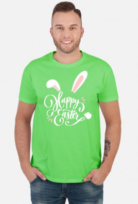 Happy Easter - biały napis z uszami i ogonem królika - męska koszulka