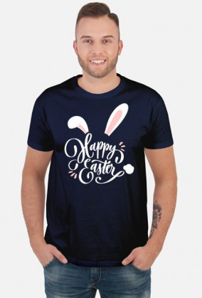 Happy Easter - biały napis z uszami i ogonem królika - męska koszulka