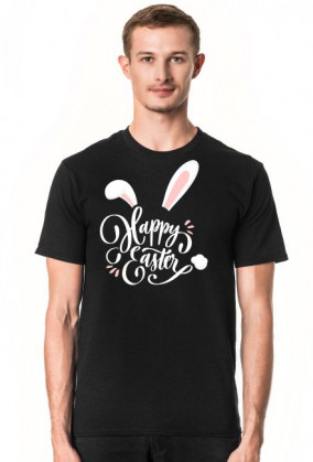 Happy Easter - biały napis z uszami i ogonem królika - męska koszulka