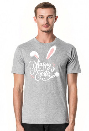 Happy Easter - biały napis z uszami i ogonem królika - męska koszulka