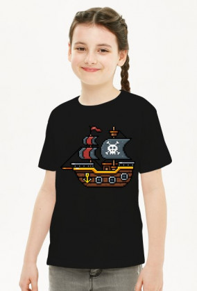 Pixel Art - statek piracki - styl retro - 8 bit - grafika inspirowana grą Minecraft - dziewczynka koszulka