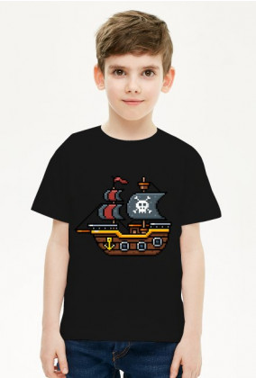 Pixel Art - statek piracki - styl retro - 8 bit - grafika inspirowana grą Minecraft - chłopiec koszulka