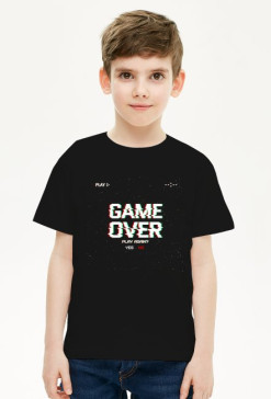 Pixel Art - Game Over Play again Yes/No - styl retro - glitch - 8 bit - grafika inspirowana grą Minecraft - chłopiec koszulka