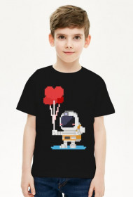 Pixel Art - astronauta z balonami - styl retro - 8 bit - grafika inspirowana grą Minecraft - chłopiec koszulka