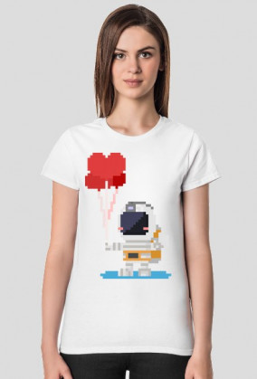 Pixel Art - astronauta z balonami - styl retro - 8 bit - grafika inspirowana grą Minecraft - damska koszulka