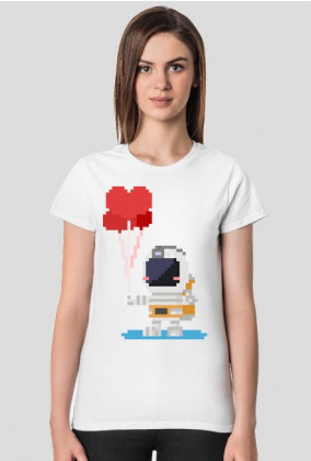 Pixel Art - astronauta z balonami - styl retro - 8 bit - grafika inspirowana grą Minecraft - damska koszulka
