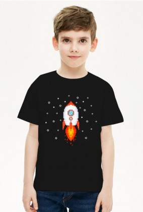Pixel Art - Rakieta w kosmosie - styl retro - 8 bit - grafika inspirowana grą Minecraft - chłopiec koszulka