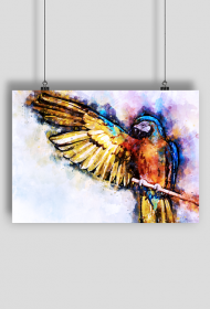 plakat papuga watercolor biały