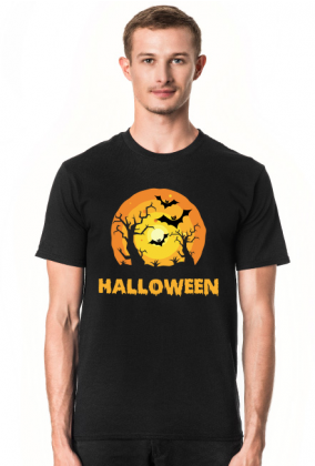 Upiorny napis Halloween i straszna sceneria - grafika - księżyc - nietoperz - komiks - męska koszulka