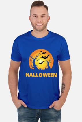 Upiorny napis Halloween i straszna sceneria - grafika - księżyc - nietoperz - komiks - męska koszulka