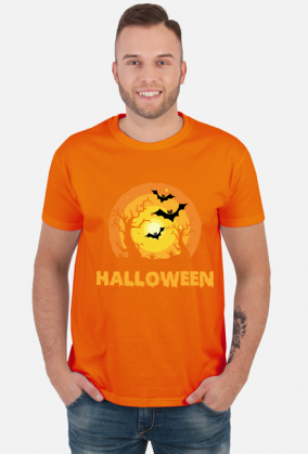 Upiorny napis Halloween i straszna sceneria - grafika - księżyc - nietoperz - komiks - męska koszulka