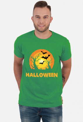 Upiorny napis Halloween i straszna sceneria - grafika - księżyc - nietoperz - komiks - męska koszulka