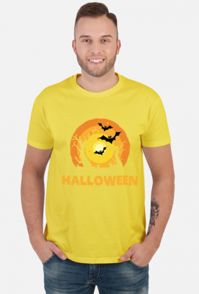 Upiorny napis Halloween i straszna sceneria - grafika - księżyc - nietoperz - komiks - męska koszulka