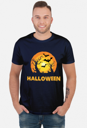 Upiorny napis Halloween i straszna sceneria - grafika - księżyc - nietoperz - komiks - męska koszulka
