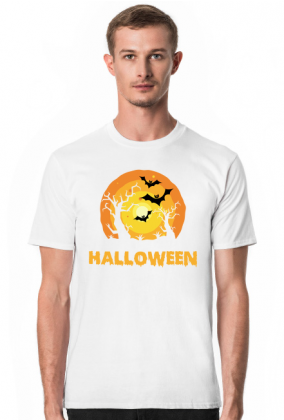 Upiorny napis Halloween i straszna sceneria - grafika - księżyc - nietoperz - komiks - męska koszulka