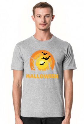 Upiorny napis Halloween i straszna sceneria - grafika - księżyc - nietoperz - komiks - męska koszulka