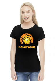 Upiorny napis Halloween i straszna sceneria - grafika - księżyc - nietoperz - komiks - damska koszulka
