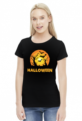 Upiorny napis Halloween i straszna sceneria - grafika - księżyc - nietoperz - komiks - damska koszulka