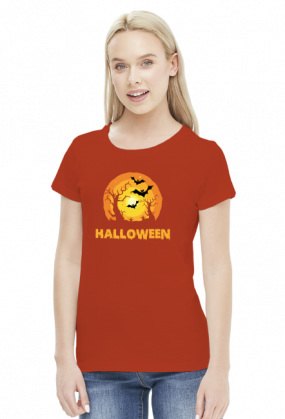 Upiorny napis Halloween i straszna sceneria - grafika - księżyc - nietoperz - komiks - damska koszulka