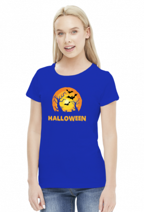Upiorny napis Halloween i straszna sceneria - grafika - księżyc - nietoperz - komiks - damska koszulka