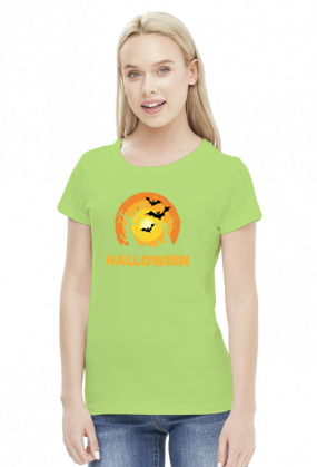 Upiorny napis Halloween i straszna sceneria - grafika - księżyc - nietoperz - komiks - damska koszulka