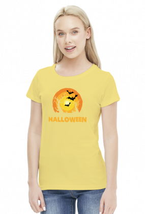 Upiorny napis Halloween i straszna sceneria - grafika - księżyc - nietoperz - komiks - damska koszulka