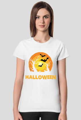 Upiorny napis Halloween i straszna sceneria - grafika - księżyc - nietoperz - komiks - damska koszulka