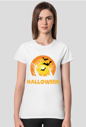 Upiorny napis Halloween i straszna sceneria - grafika - księżyc - nietoperz - komiks - damska koszulka