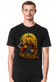 Straszna postać dyniogłowego z siekierą i upiorny napis Halloween - grafika - komiks - męska koszulka