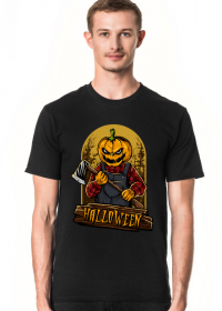 Straszna postać dyniogłowego z siekierą i upiorny napis Halloween - grafika - komiks - męska koszulka