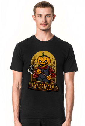 Straszna postać dyniogłowego z siekierą i upiorny napis Halloween - grafika - komiks - męska koszulka