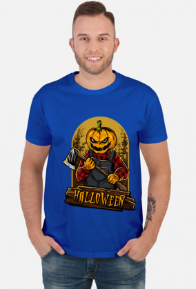 Straszna postać dyniogłowego z siekierą i upiorny napis Halloween - grafika - komiks - męska koszulka