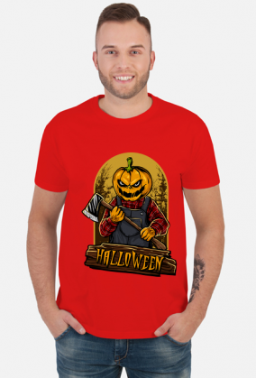 Straszna postać dyniogłowego z siekierą i upiorny napis Halloween - grafika - komiks - męska koszulka