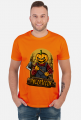 Straszna postać dyniogłowego z siekierą i upiorny napis Halloween - grafika - komiks - męska koszulka