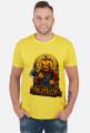 Straszna postać dyniogłowego z siekierą i upiorny napis Halloween - grafika - komiks - męska koszulka