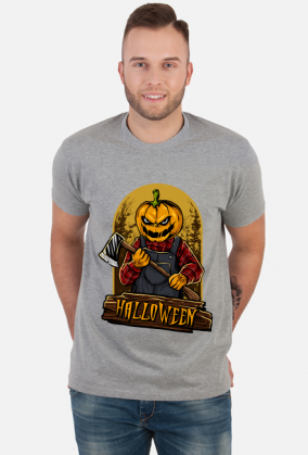 Straszna postać dyniogłowego z siekierą i upiorny napis Halloween - grafika - komiks - męska koszulka