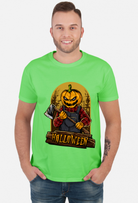 Straszna postać dyniogłowego z siekierą i upiorny napis Halloween - grafika - komiks - męska koszulka