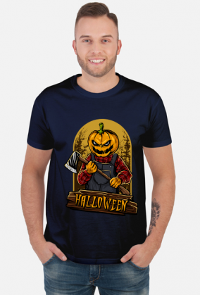 Straszna postać dyniogłowego z siekierą i upiorny napis Halloween - grafika - komiks - męska koszulka