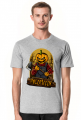 Straszna postać dyniogłowego z siekierą i upiorny napis Halloween - grafika - komiks - męska koszulka