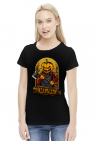 Straszna postać dyniogłowego z siekierą i upiorny napis Halloween - grafika - komiks - damska koszulka