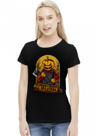 Straszna postać dyniogłowego z siekierą i upiorny napis Halloween - grafika - komiks - damska koszulka