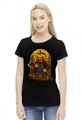 Straszna postać dyniogłowego z siekierą i upiorny napis Halloween - grafika - komiks - damska koszulka
