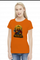 Straszna postać dyniogłowego z siekierą i upiorny napis Halloween - grafika - komiks - damska koszulka