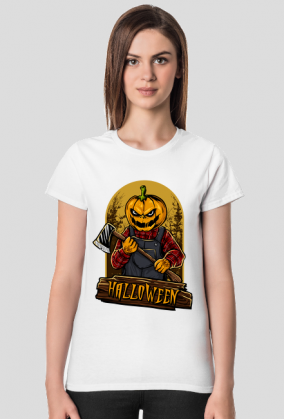 Straszna postać dyniogłowego z siekierą i upiorny napis Halloween - grafika - komiks - damska koszulka
