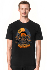 Straszna postać dyniogłowego stracha na wróble i upiorny napis Happy Halloween - kruki - nietoperze - grafika - komiks - męska koszulka
