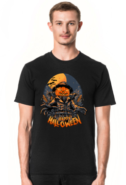 Straszna postać dyniogłowego stracha na wróble i upiorny napis Happy Halloween - kruki - nietoperze - grafika - komiks - męska koszulka