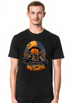 Straszna postać dyniogłowego stracha na wróble i upiorny napis Happy Halloween - kruki - nietoperze - grafika - komiks - męska koszulka