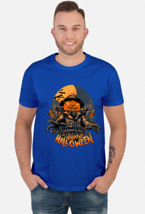 Straszna postać dyniogłowego stracha na wróble i upiorny napis Happy Halloween - kruki - nietoperze - grafika - komiks - męska koszulka
