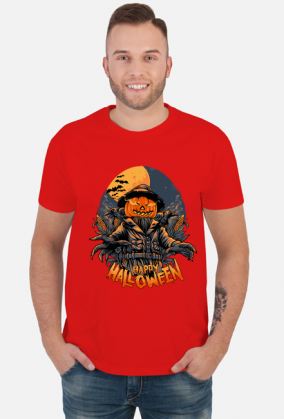 Straszna postać dyniogłowego stracha na wróble i upiorny napis Happy Halloween - kruki - nietoperze - grafika - komiks - męska koszulka